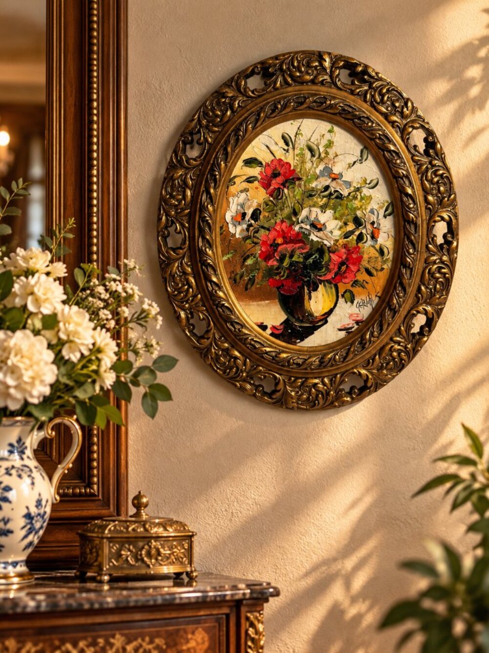 Vintage Floral Oil Painting in Ornate Gold Oval Frame